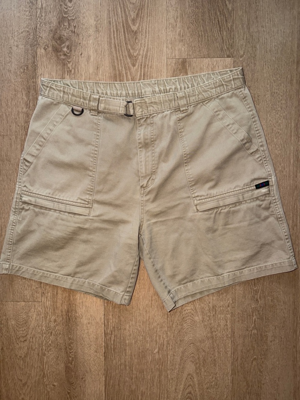 Tan Cargo Shorts with Utility Pockets and built in Velcro belt.